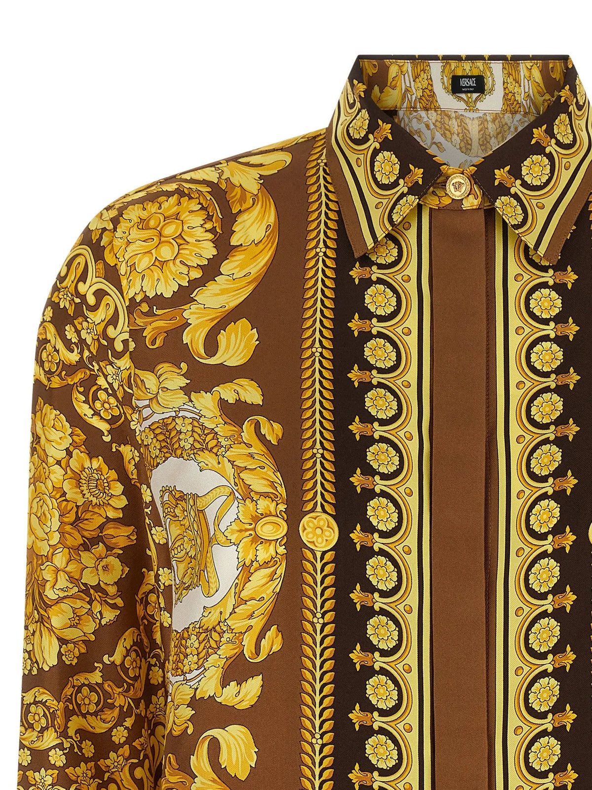 Chemise versace en soie dorée et brune avec motif baroque floral orné et arabesques
