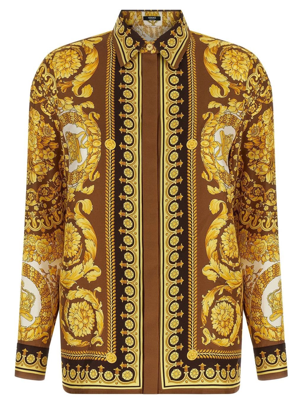 Chemise versace en soie dorée avec motif baroque floral et médaillon luxueux marron et or