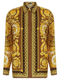 Chemise versace en soie dorée avec motif baroque floral et médaillon luxueux marron et or