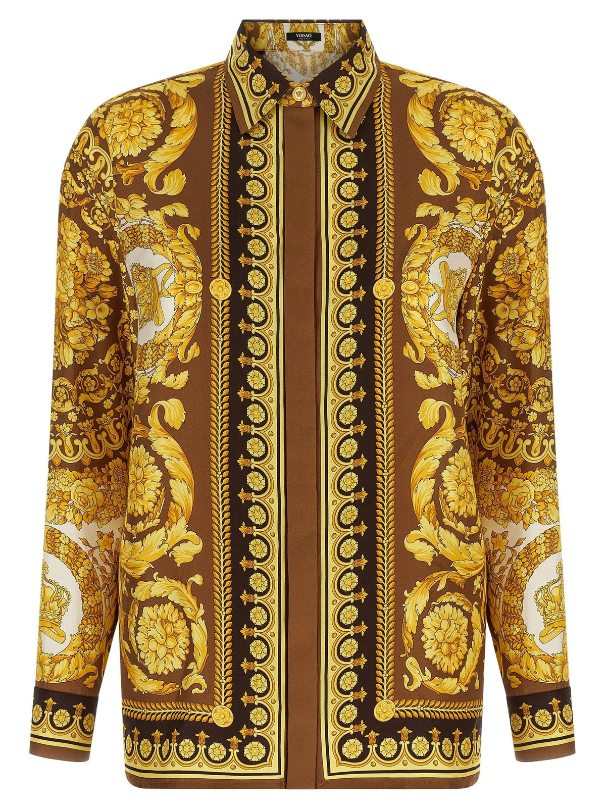 Chemise versace en soie dorée avec motif baroque floral et médaillon luxueux marron et or