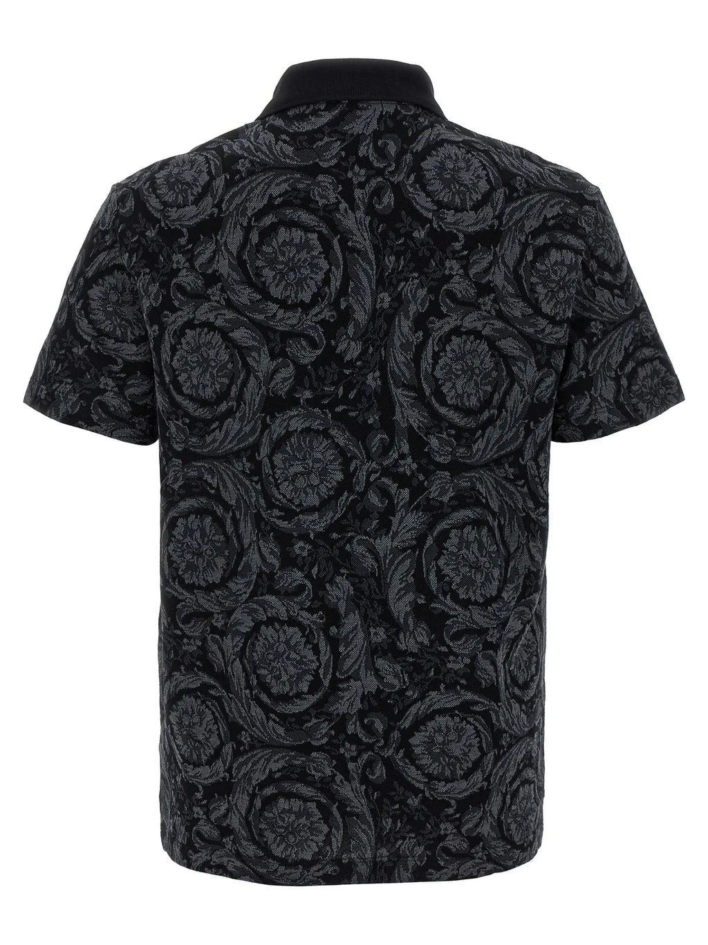 Versace gray cotton polo shirt en noir avec motif floral baroque gris foncé sur manches courtes