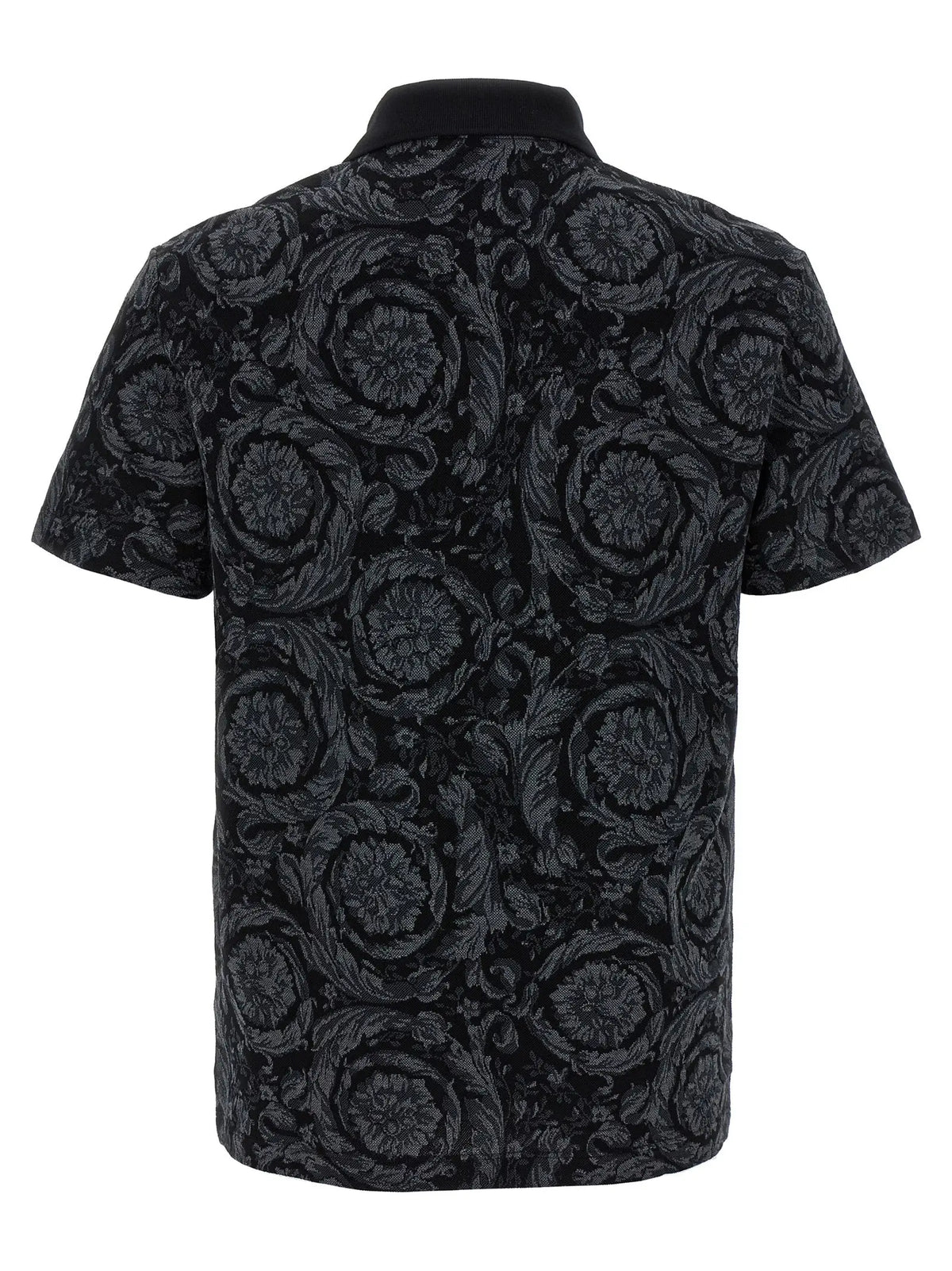 Versace gray cotton polo shirt en noir avec motif floral baroque gris foncé sur manches courtes