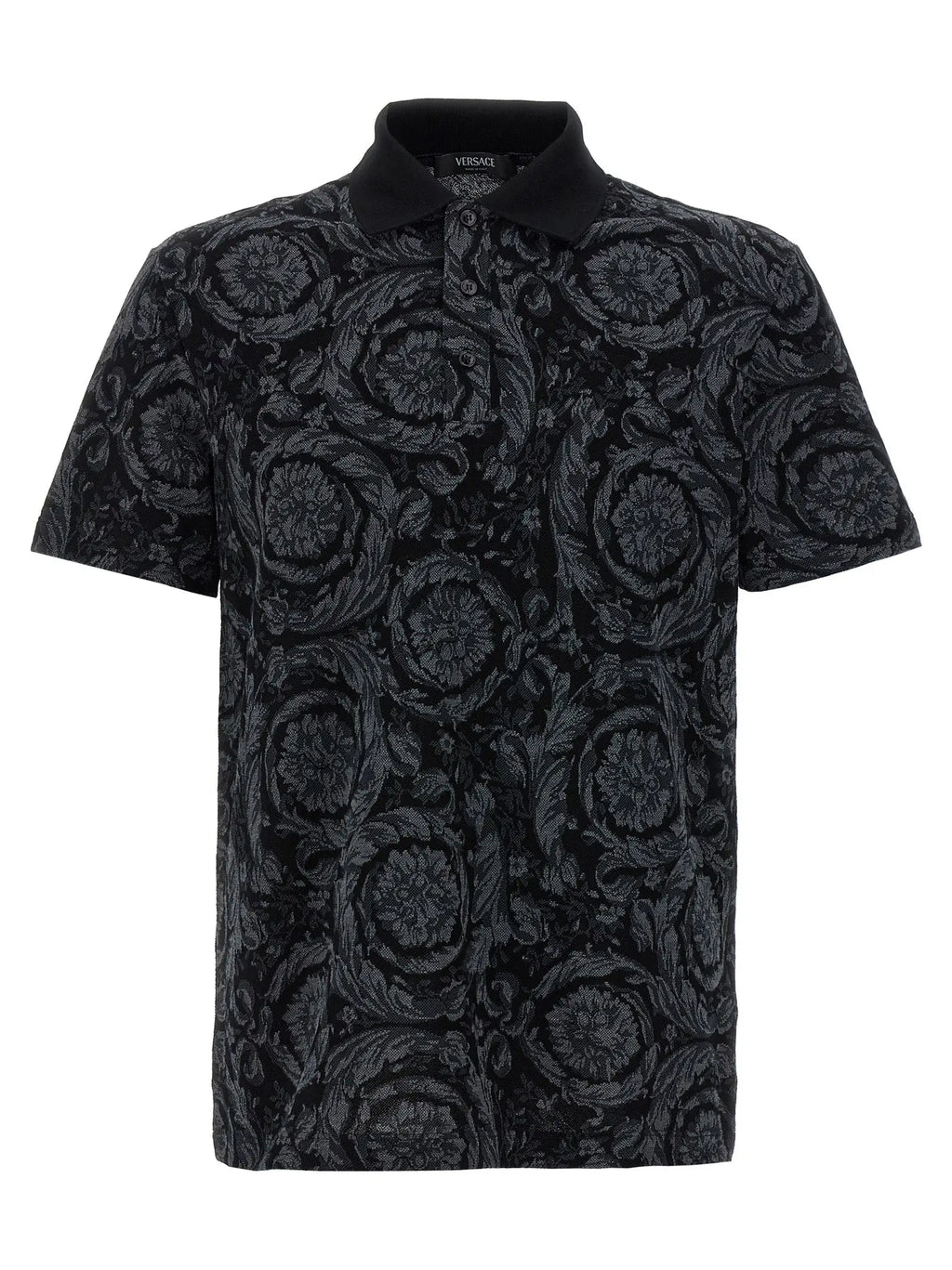 Polo en coton gris versace avec motif baroque floral en relief noir légèrement plus clair