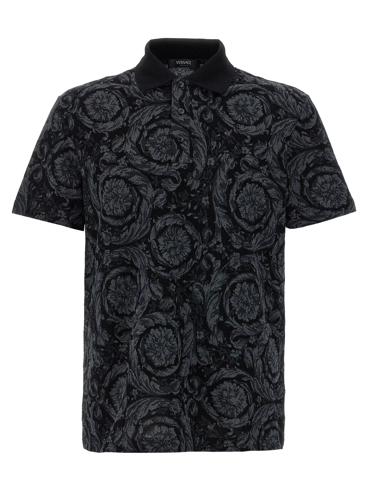 Polo en coton gris versace avec motif baroque floral en relief noir légèrement plus clair