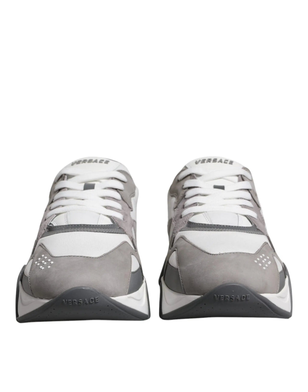 Versace gris baskets basses squalo en cuir et néoprène avec design superposé en suède et matériaux synthétiques