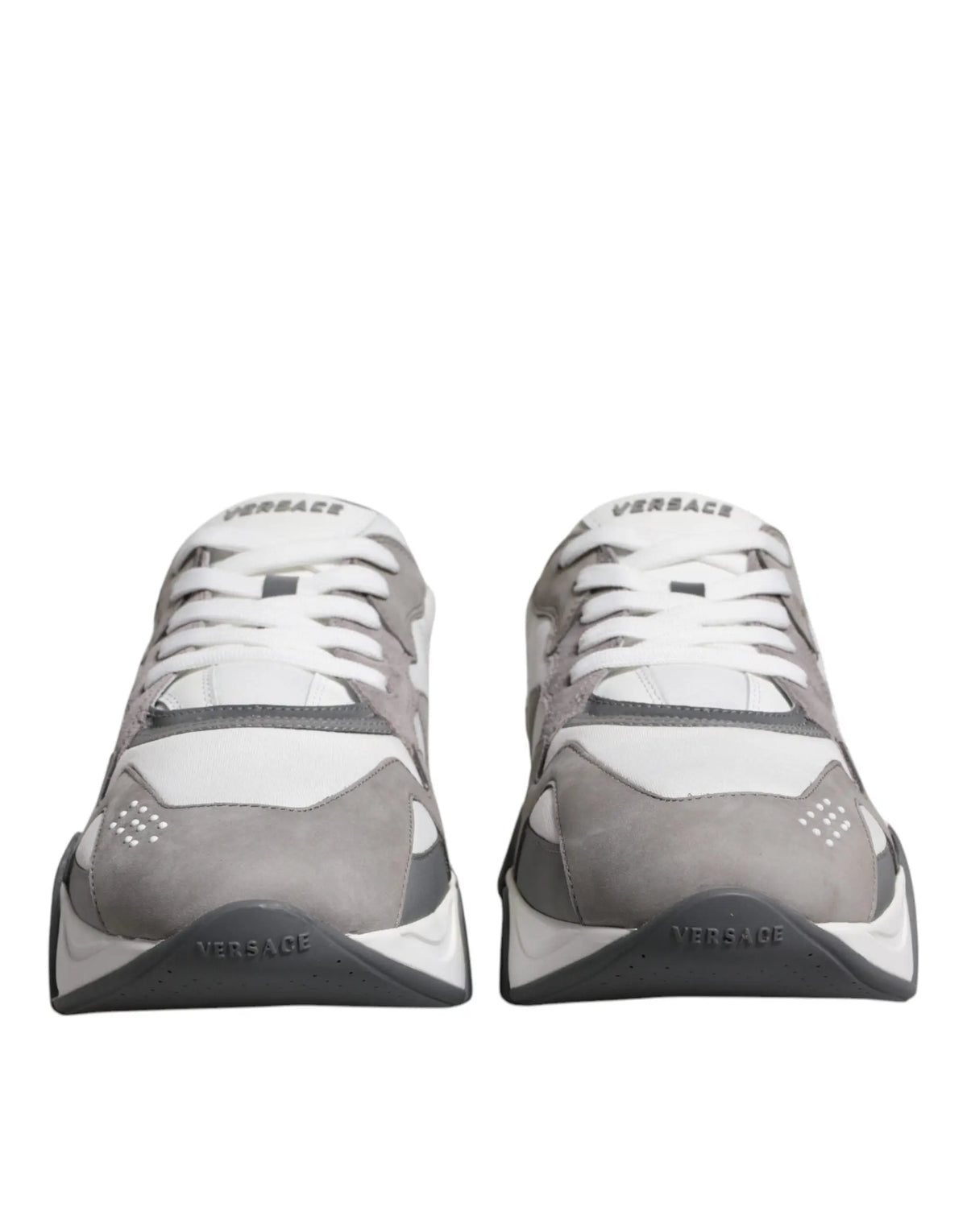Versace gris baskets basses squalo en cuir et néoprène avec design superposé en suède et matériaux synthétiques