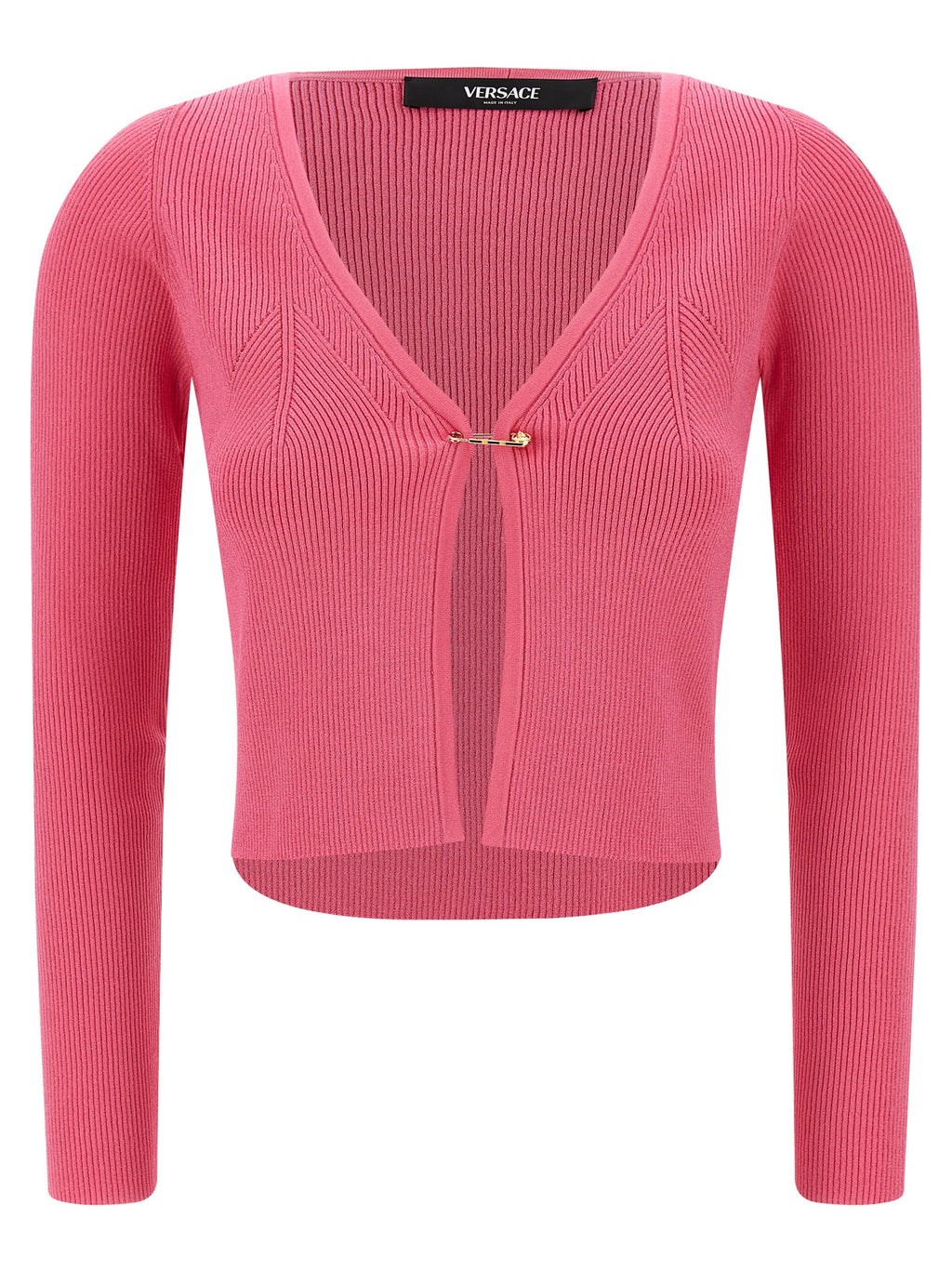 Cardigan en viscose fuchsia de Versace, léger et élégant, avec détails de design sophistiqués visible sur l'image.