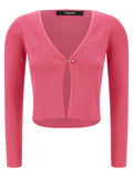 Cardigan en viscose fuchsia de Versace, léger et élégant, avec détails de design sophistiqués visible sur l'image.