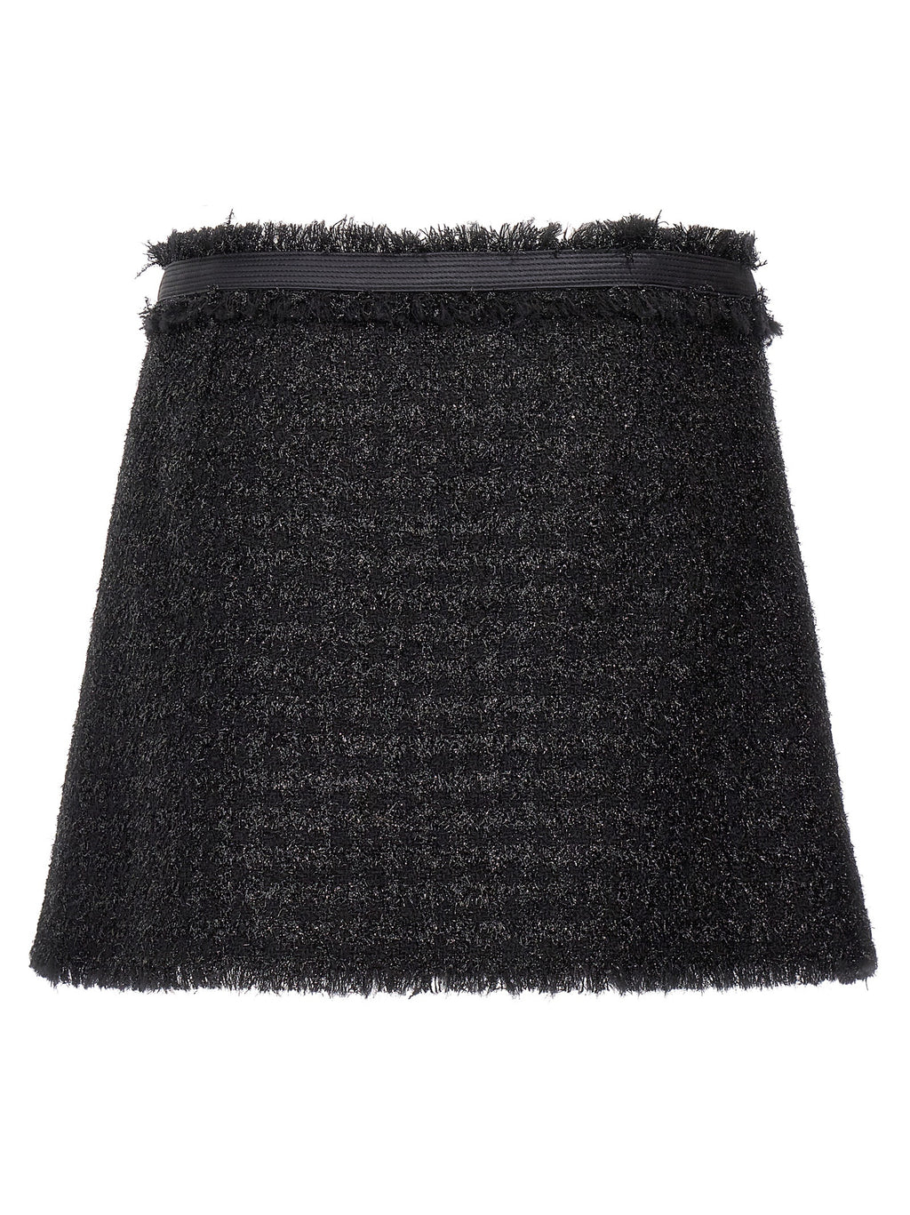 Jupe longue en laine vierge noire de Versace, ajustée et élégante, avec détails de luxe visibles sur le tissu.