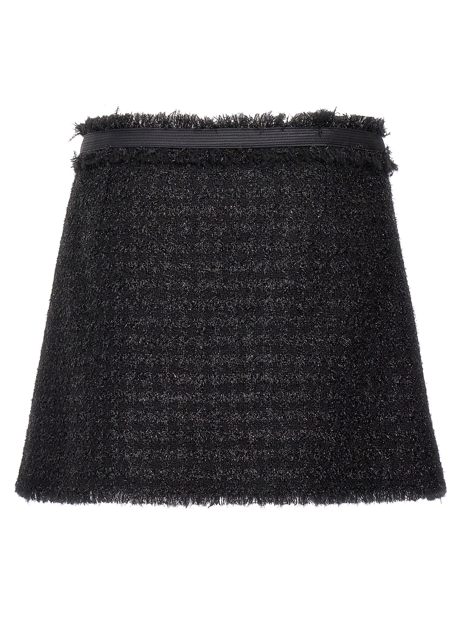 Jupe longue en laine vierge noire de Versace, ajustée et élégante, avec détails de luxe visibles sur le tissu.