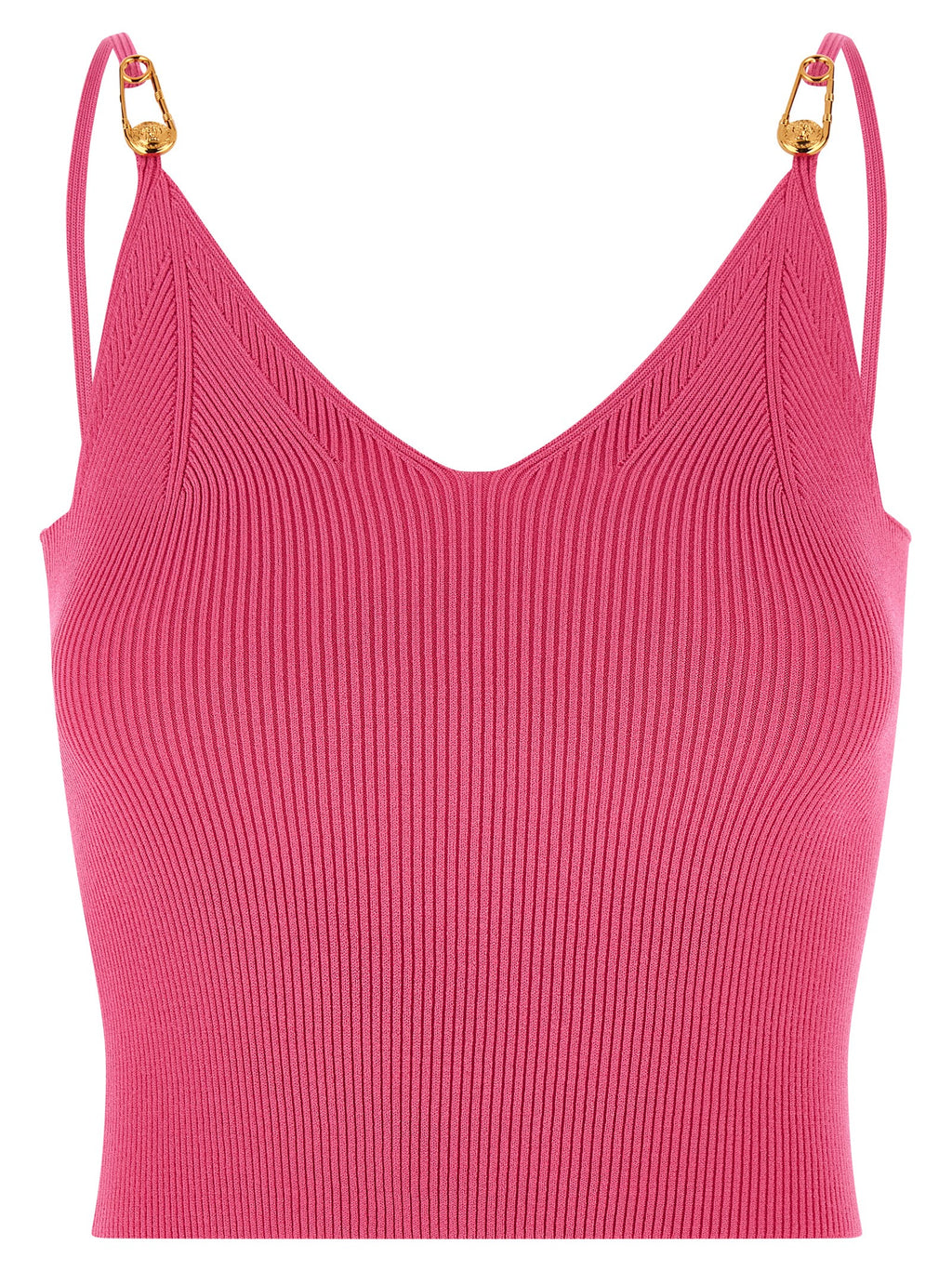 T-shirt sans manches en viscose fuchsia de Versace, design élégant avec logo emblématique visible.