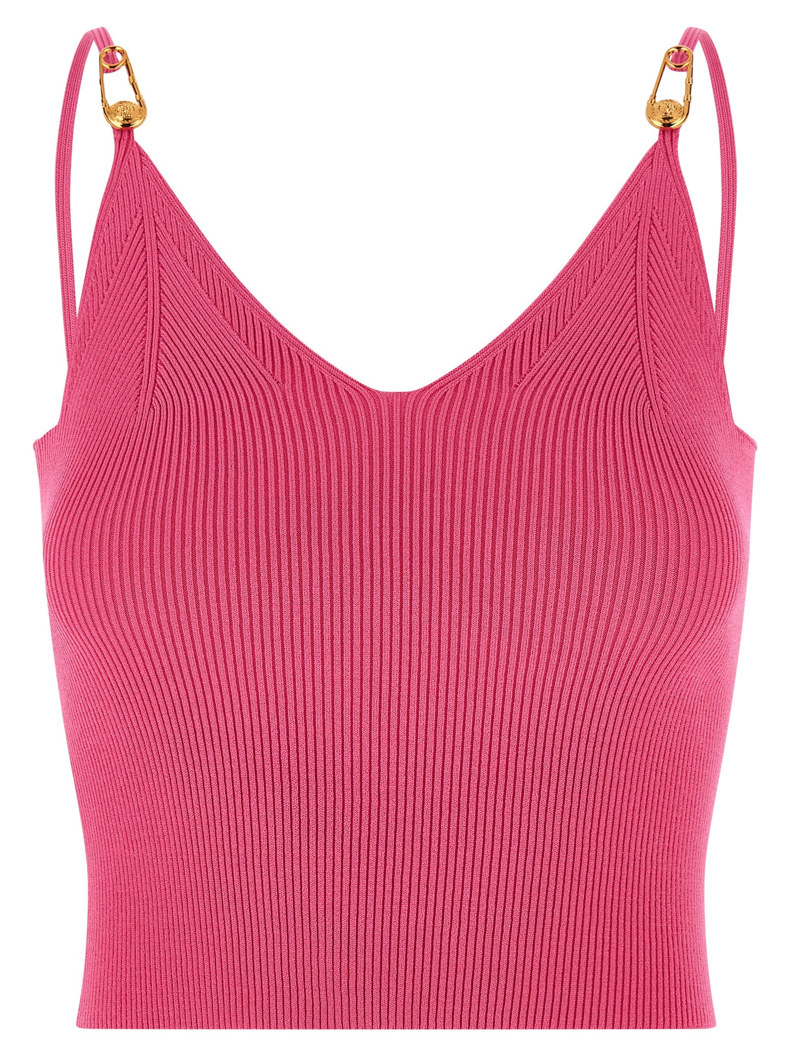 T-shirt sans manches en viscose fuchsia de Versace, design élégant avec logo emblématique visible.