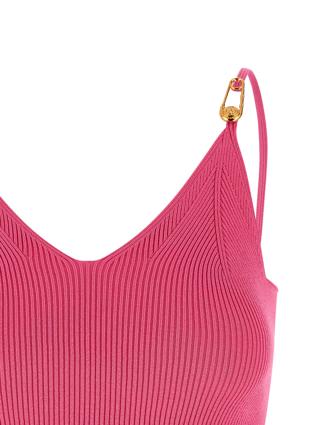 T-shirt sans manches Versace en viscose fuchsia avec logo visible, style élégant et moderne.