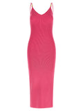 Robe midi fuchsia en viscose de la marque Versace, avec coupe élégante et détails sophistiqués.