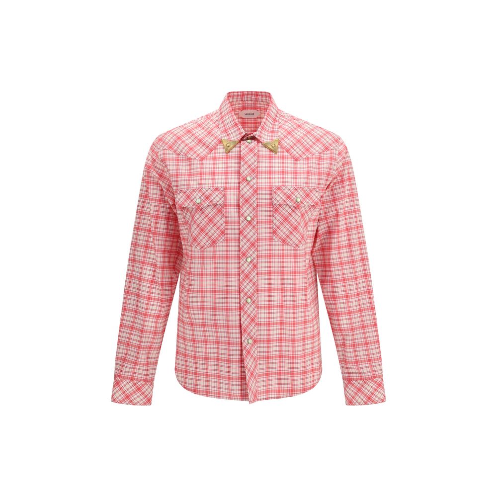 Chemise multicolore en coton Versace avec motif coloré et logo distinctif, portée sur mannequin.