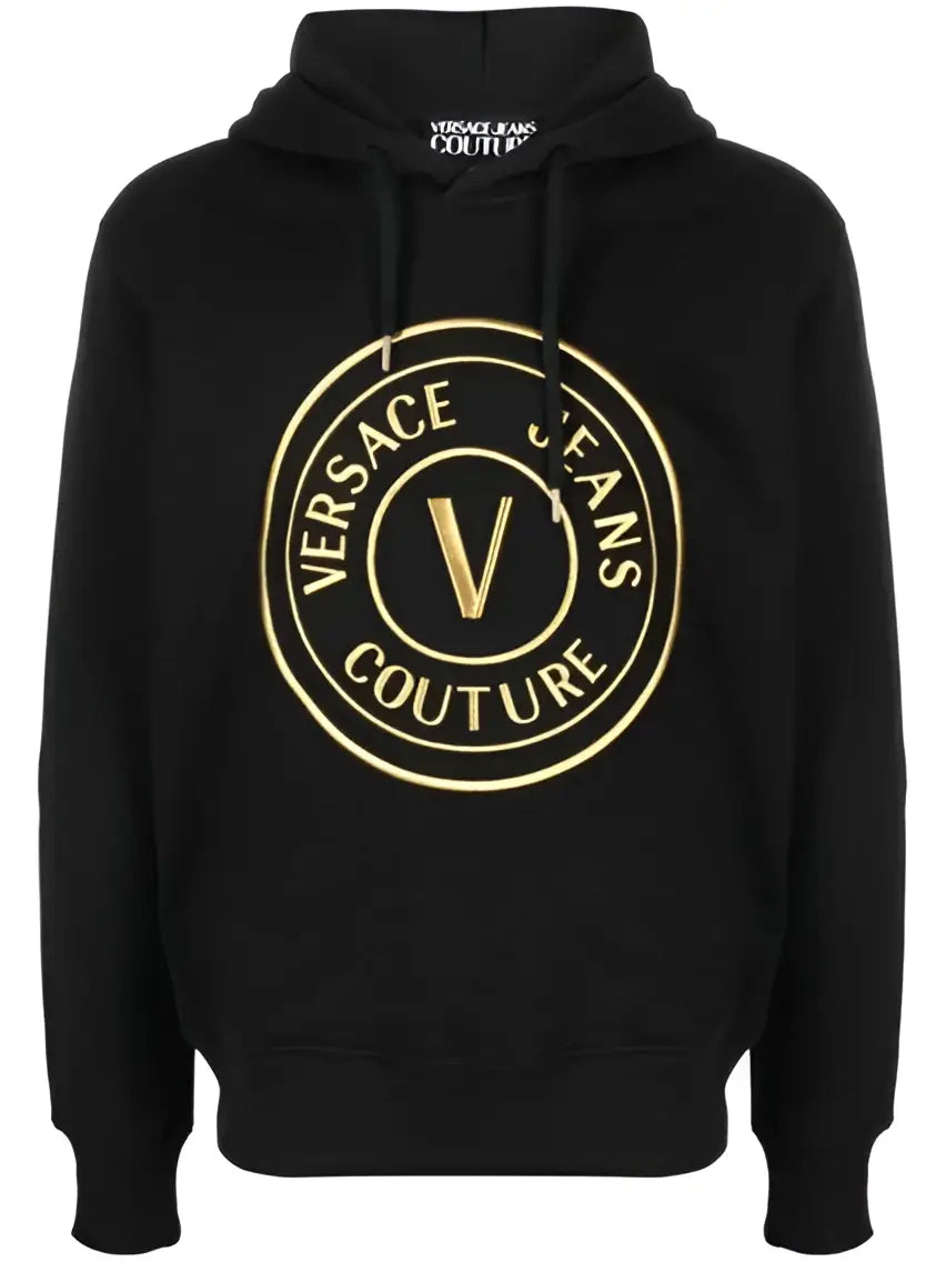 Sweat à capuche versace jeans noir en coton avec logo circulaire doré audacieux et emblème v couture