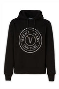 Versace jeans sweat à capuche en coton noir avec logo blanc circulaire vif et détails signature v couture