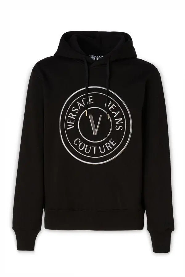 Versace jeans sweat à capuche en coton noir avec logo blanc circulaire vif et détails signature v couture