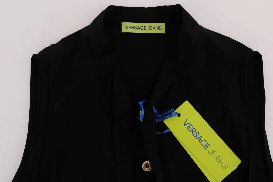 Versace jeans blouse noire sans manches en viscose avec col et fermeture par boutons
