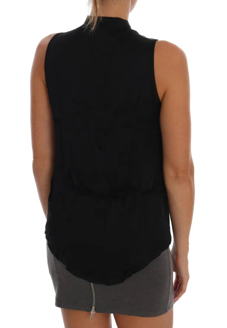 Versace jeans blouse noire sans manches en viscose avec col montant et ourlet à volants