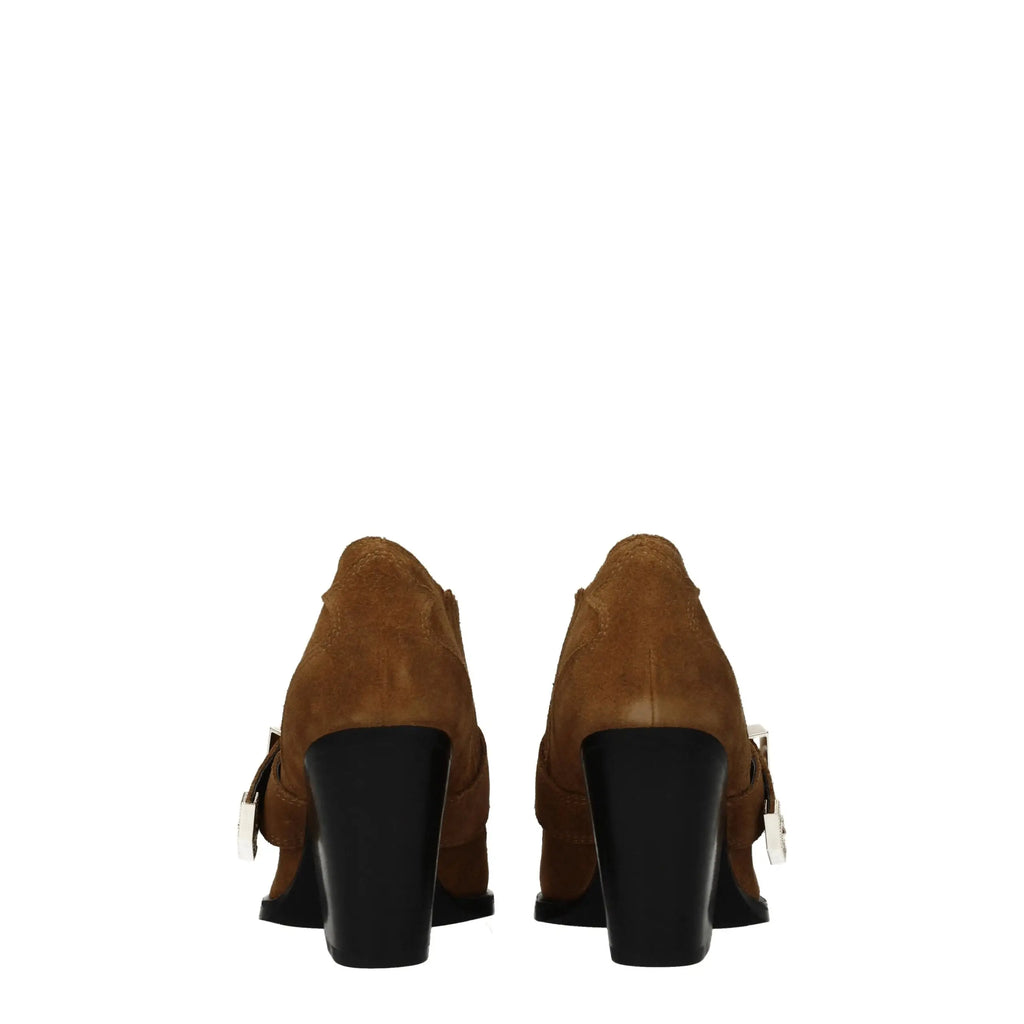 Bottes cuir versace jeans marron en daim avec talons noirs épais et boucles argentées