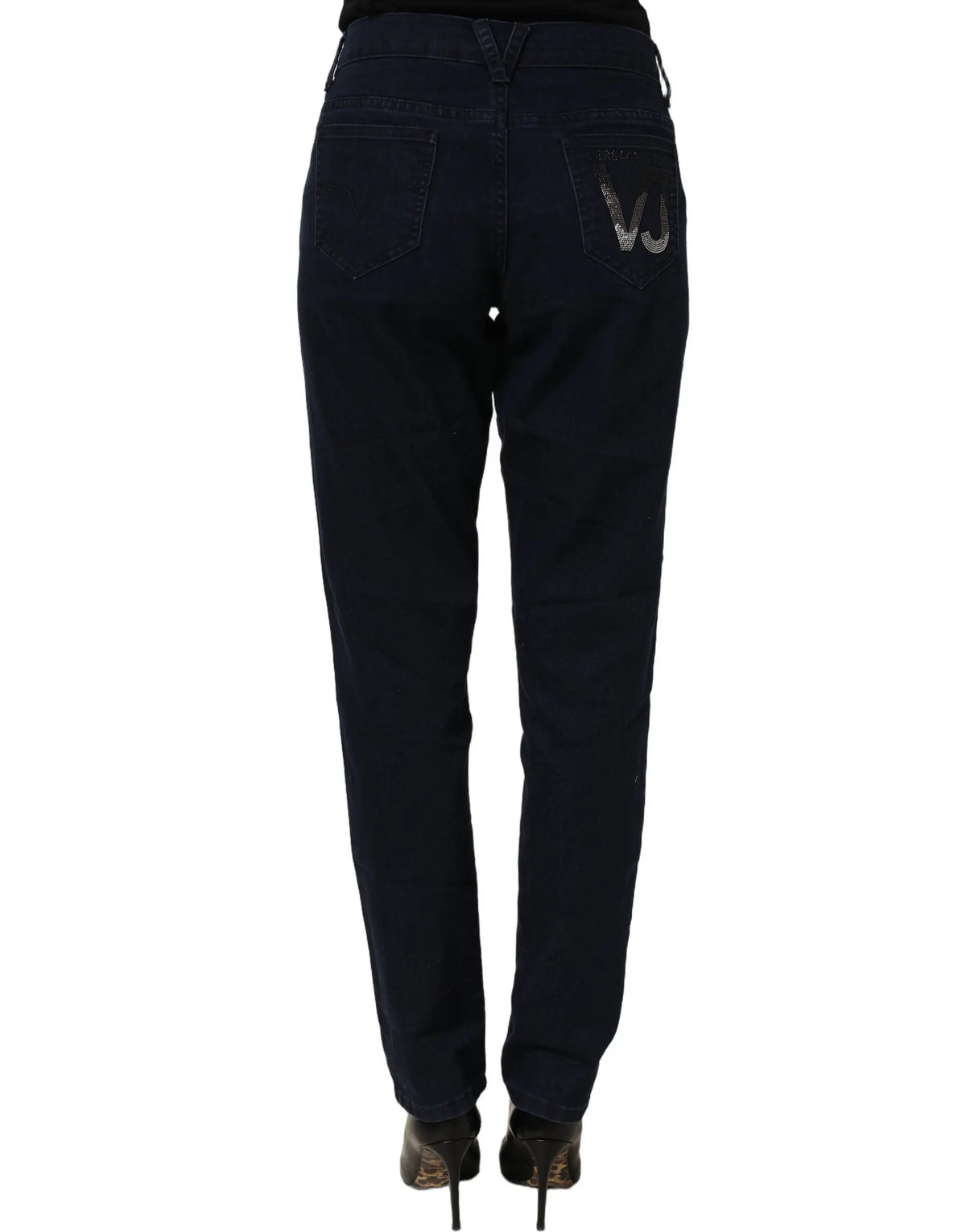 Jeans denim skinny taille haute bleus foncés versace jeans couture avec logo vj brodé sur la poche arrière droite