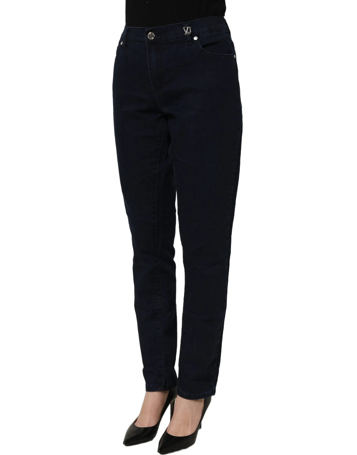 Jean slim noir en denim avec logo argenté versace jeans couture taille haute et coupe skinny