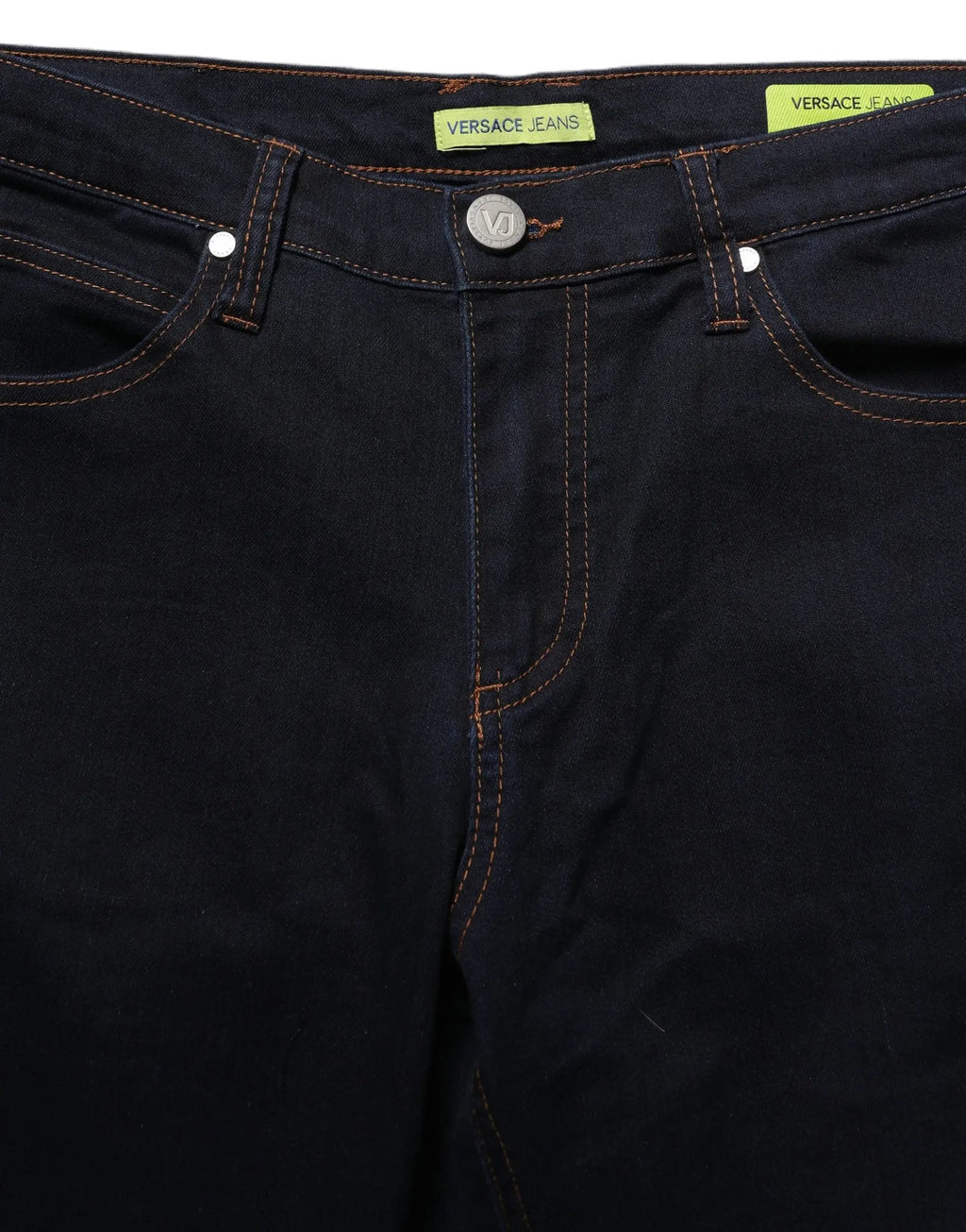 Versace jeans couture jean skinny taille haute bleu en denim avec surpiqûres orange contrastantes et bouton argenté