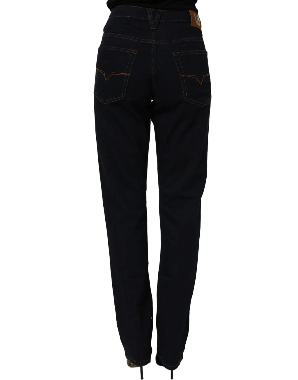 Jeans en denim bleu versace jeans couture à taille haute slim vue de dos avec coupe droite et surpiqûres contrastées