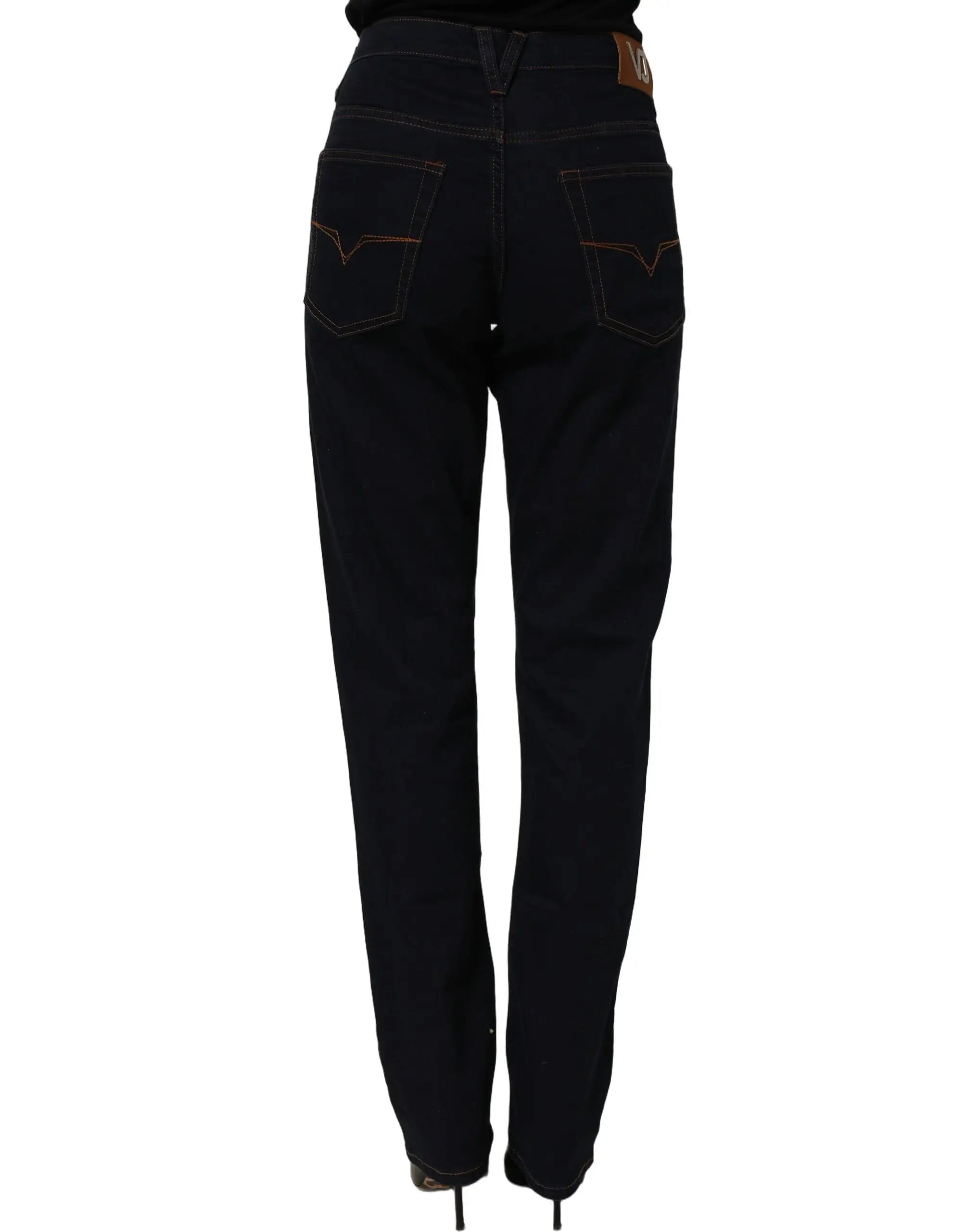Jeans en denim bleu versace jeans couture à taille haute slim vue de dos avec coupe droite et surpiqûres contrastées