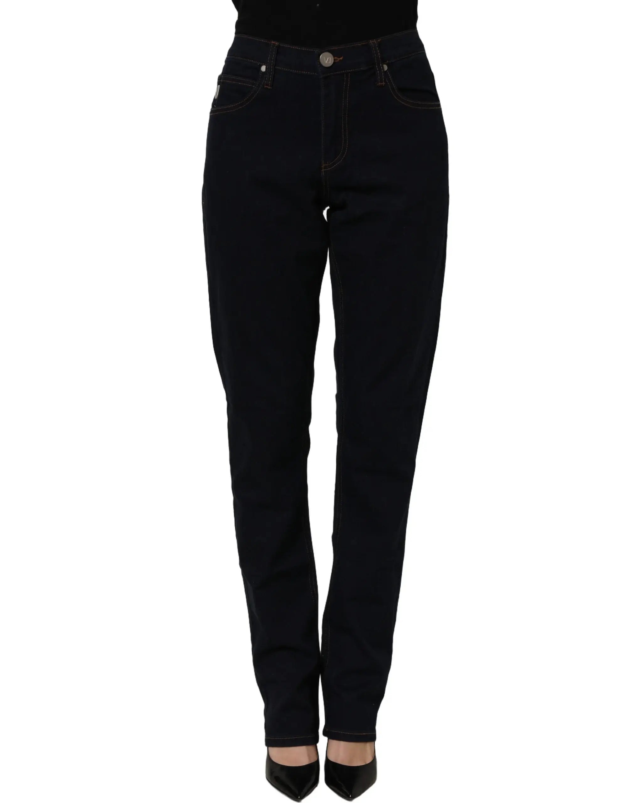 Versace jeans couture jean slim taille haute bleu en denim avec design classique cinq poches et ferrures argentées