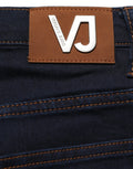 Jean denim skinny taille haute bleu versace jeans couture avec patch cuir marron logo vj au dos