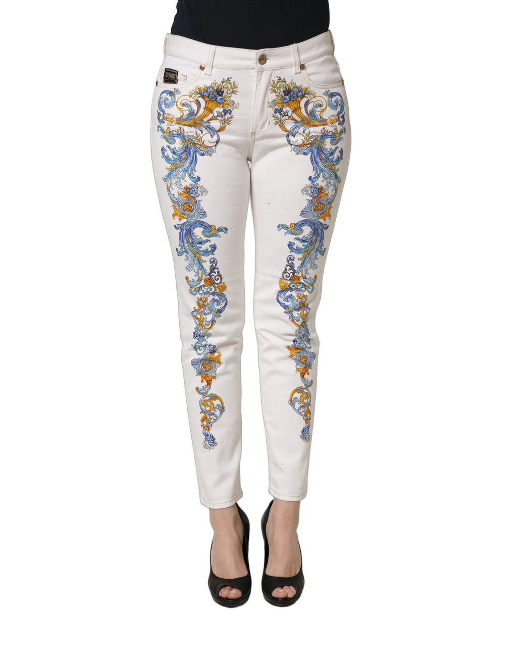 Jeans en denim skinny blanc versace jeans couture avec motifs floraux bleus et dorés ornant les jambes extérieures