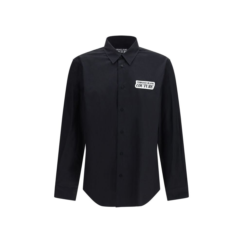 Chemise noire en coton Versace Jeans, élégante chemise pour homme avec logo distinctif, vue de face.