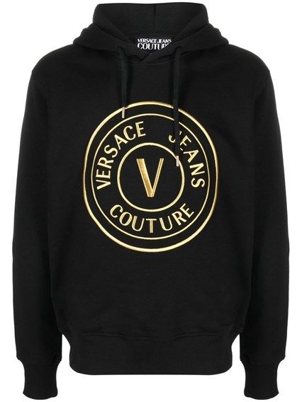 sweat à capuche en coton noir Versace Jeans avec logo et détails de marque visible sur le devant