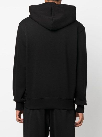 Sweat à capuche en coton noir Versace Jeans avec logo visible, détails de logo sur la poitrine, style décontracté et élégant.