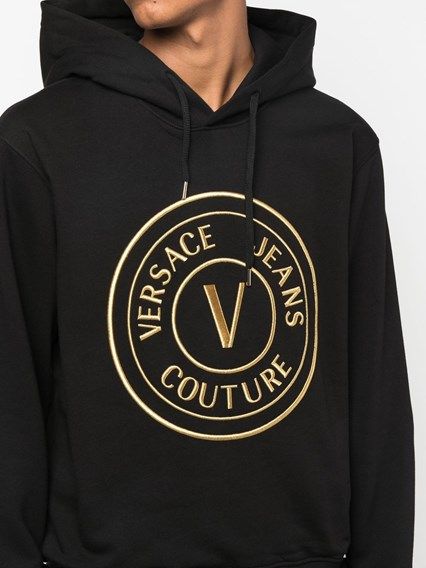 Sweat à capuche en coton noir Versace Jeans avec détails du logo et broderies, style décontracté et mode.