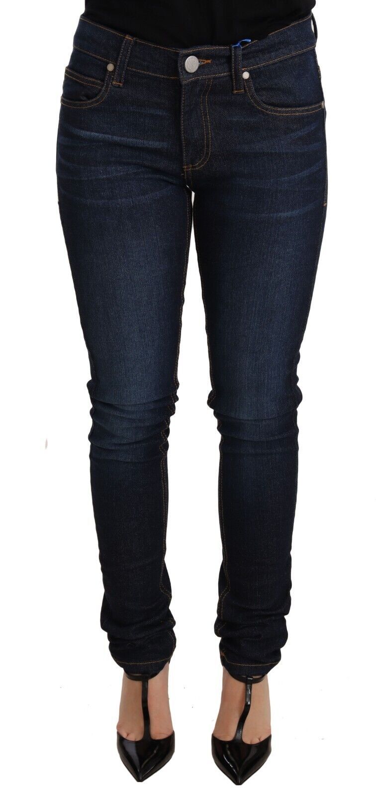 Jeans skinny en denim coton bleu foncé de Versace Jeans, taille basse, ajustés, pour homme.