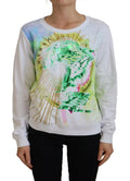 Sweatshirt blanc à manches longues versace jeans avec imprimé graphique tigre coloré vert jaune rose et or