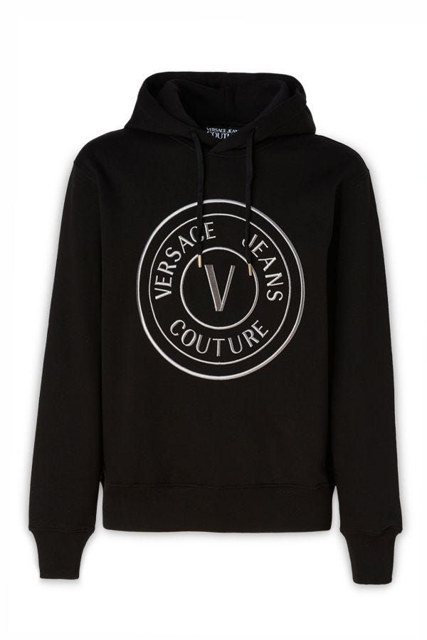 Sweat à capuche en coton noir Versace Jeans avec détails de logo, style décontracté et moderne.