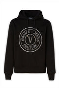 Sweat à capuche en coton noir Versace Jeans avec détails de logo, style décontracté et moderne.