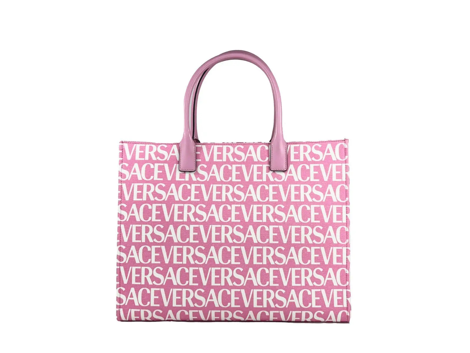 Grand sac cabas versace medusa rose bébé en toile avec imprimé logo blanc répété et poignées assorties