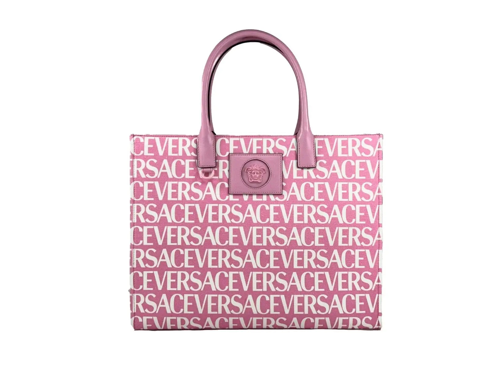 Grand sac cabas versace medusa en toile rose bébé avec motif logo blanc répétitif et anses assorties
