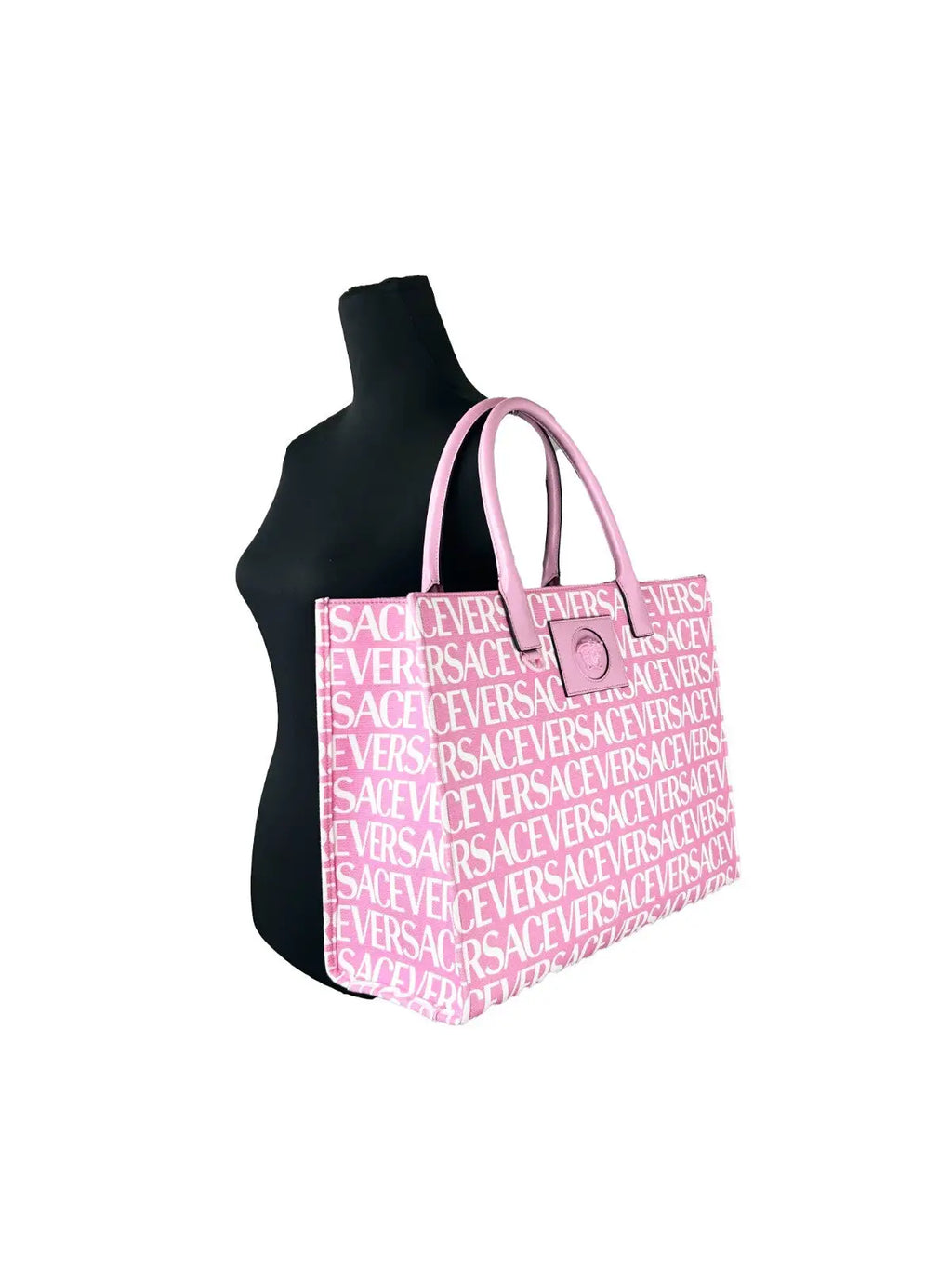 Sac tote versace medusa grand format en toile rose bébé avec imprimé logo blanc répétitif et anses assorties