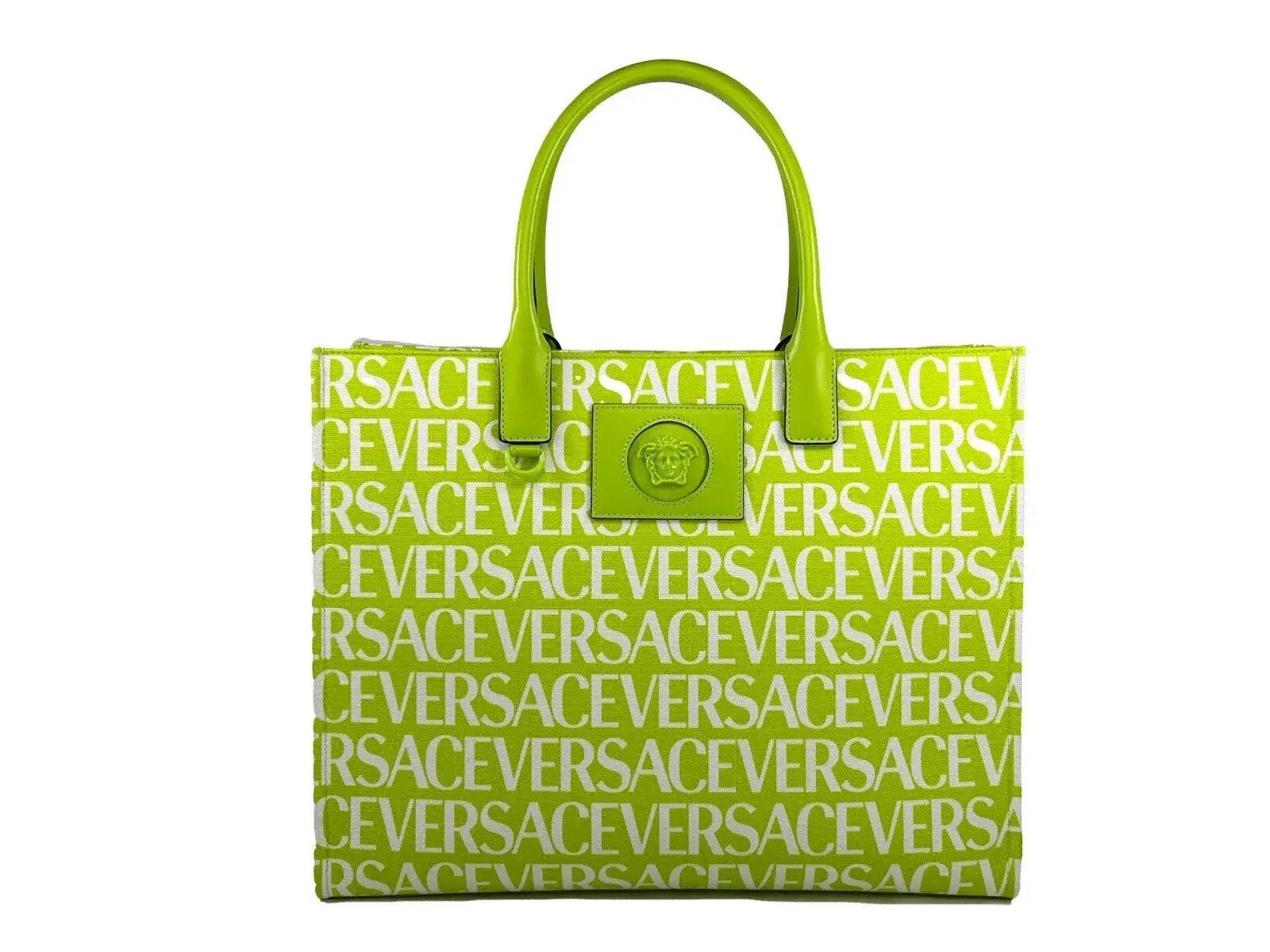 Sac fourre-tout versace medusa vert citron en toile avec lettrage blanc répétitif versace et plaque logo tête de meduse