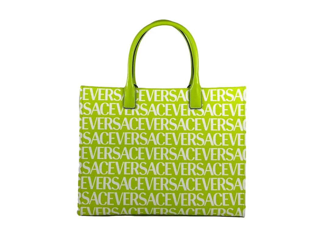 Sac fourre-tout versace medusa grand format en toile vert citron avec imprimé logo blanc et anses assorties
