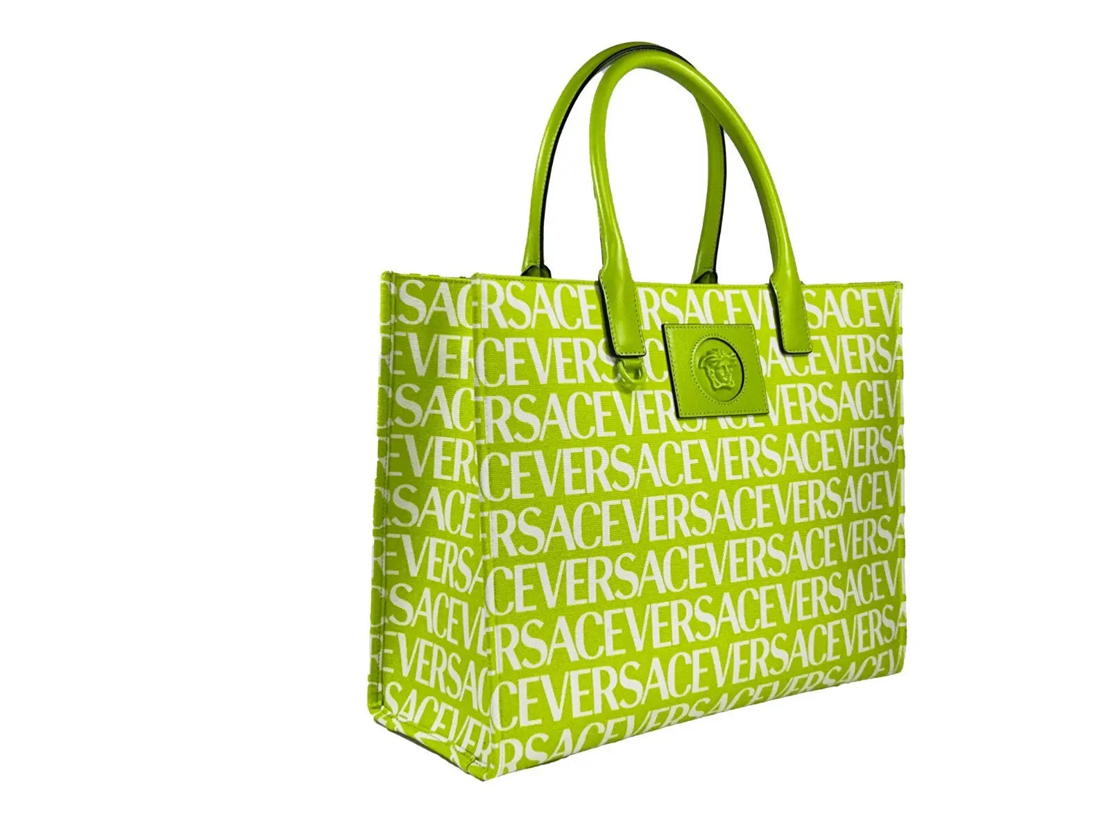 Sac fourre-tout grande toile versace medusa vert citron avec logo blanc répété et anses assorties