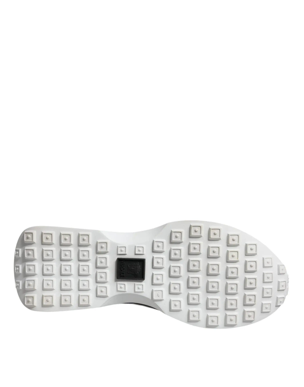 Semelle blanche en caoutchouc avec motifs carrés et logo versace noir au centre sur baskets basses medusa multicolores