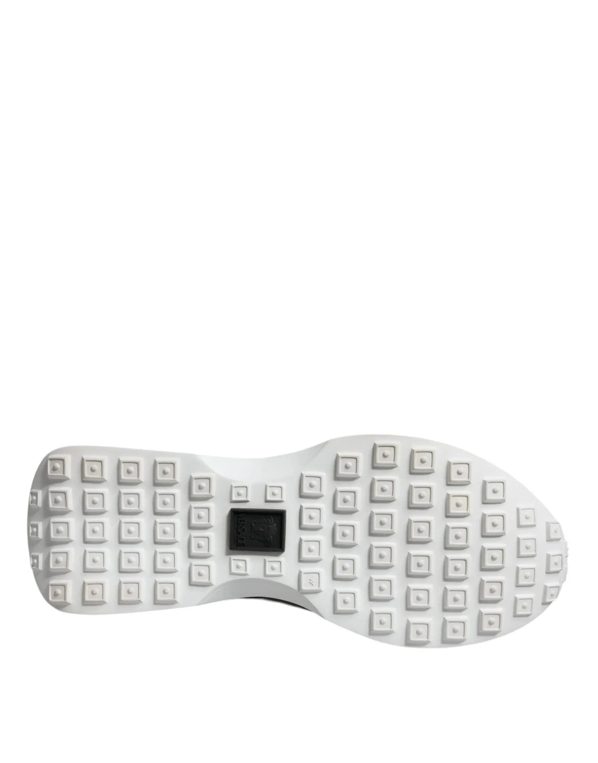 Semelle blanche en caoutchouc avec motifs carrés et logo versace noir au centre sur baskets basses medusa multicolores