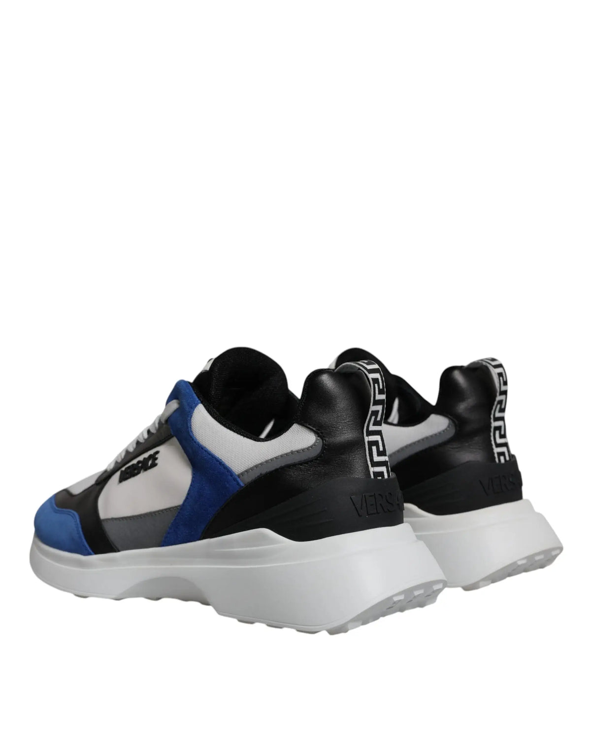 Versace multicolor canvas quad fabric medusa low top sneakers showing bold blue white and black geometric heel pattern
